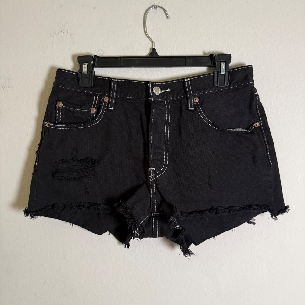 Levis Premium 501 Original Shorts Black Contrast Stitch Distressed W29 High Rise